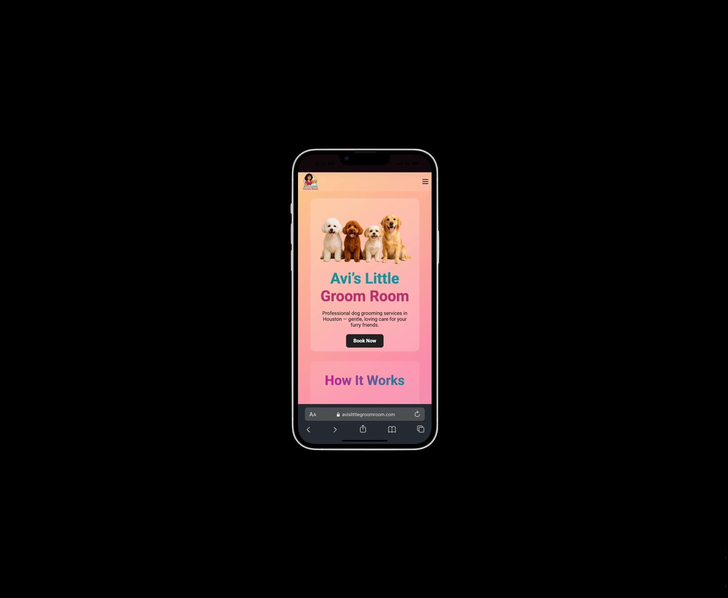 Mobile view of grooming website