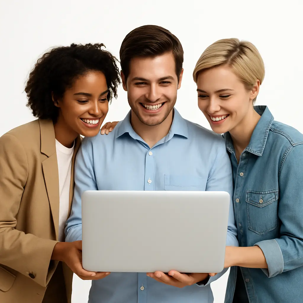 Three professionals collaborating on a laptop, symbolizing ongoing website support and teamwork