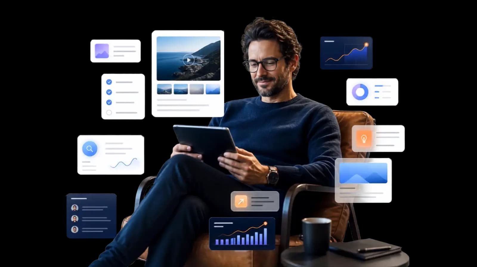 Relaxed business owner reading website strategy articles with coffee and digital insight cards