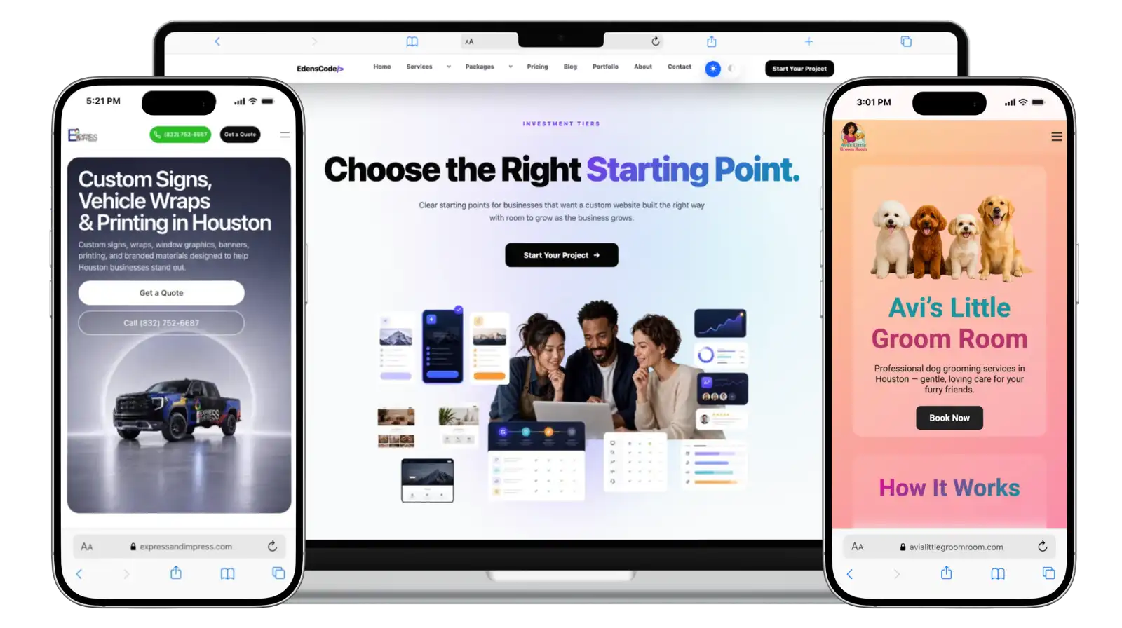 Preview of EdensCode custom website design projects across desktop and mobile devices