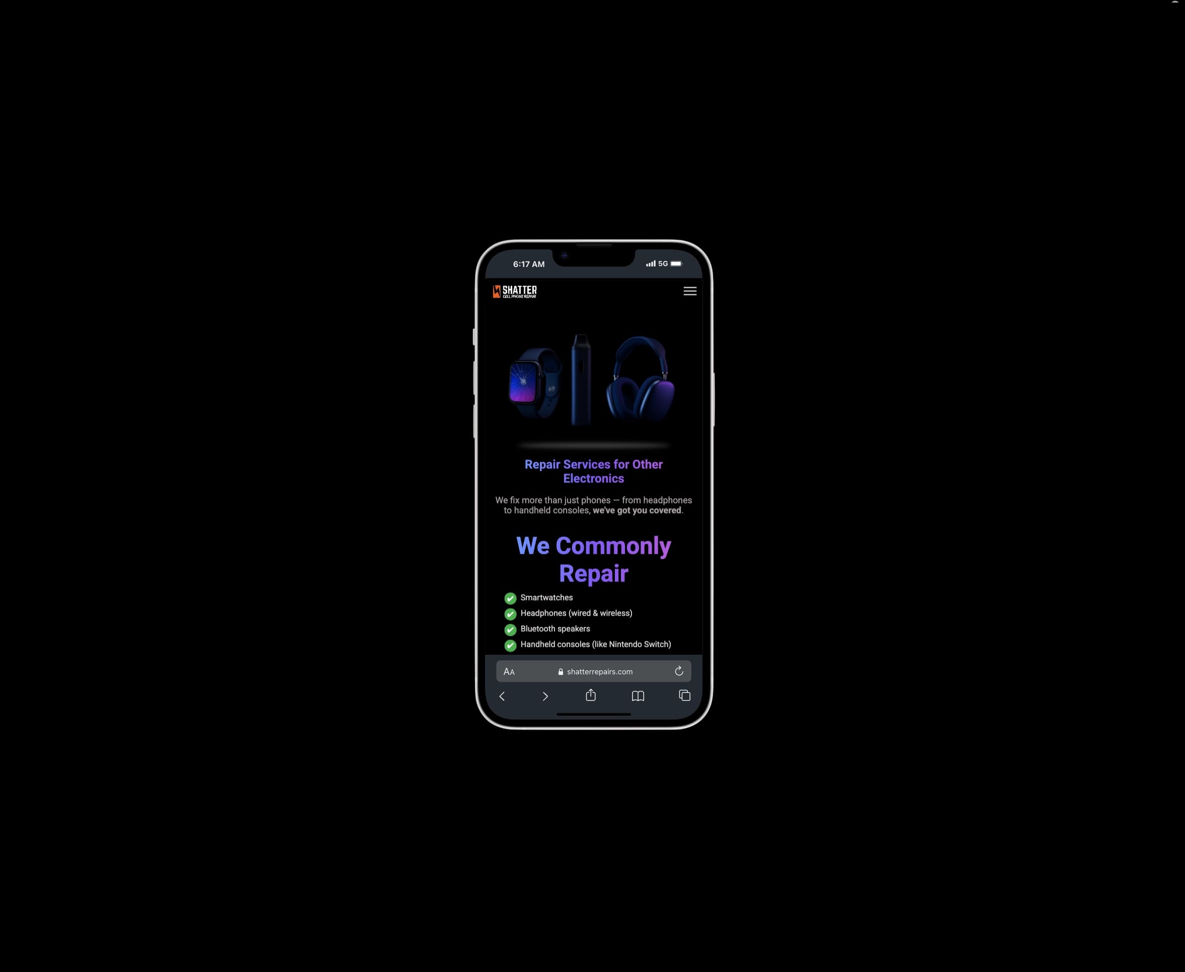 Mobile view of repair website