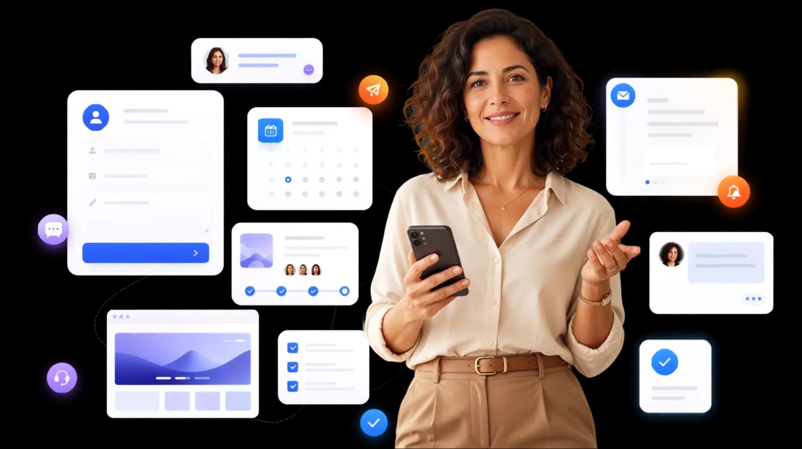 Business owner starting a website project conversation with contact form and message interface cards