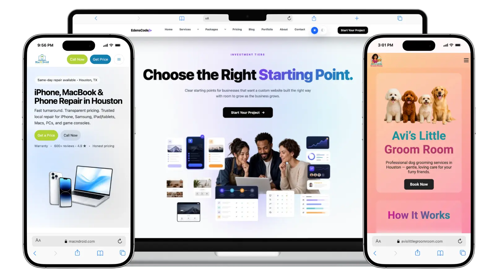Preview of EdensCode custom website design projects across desktop and mobile devices