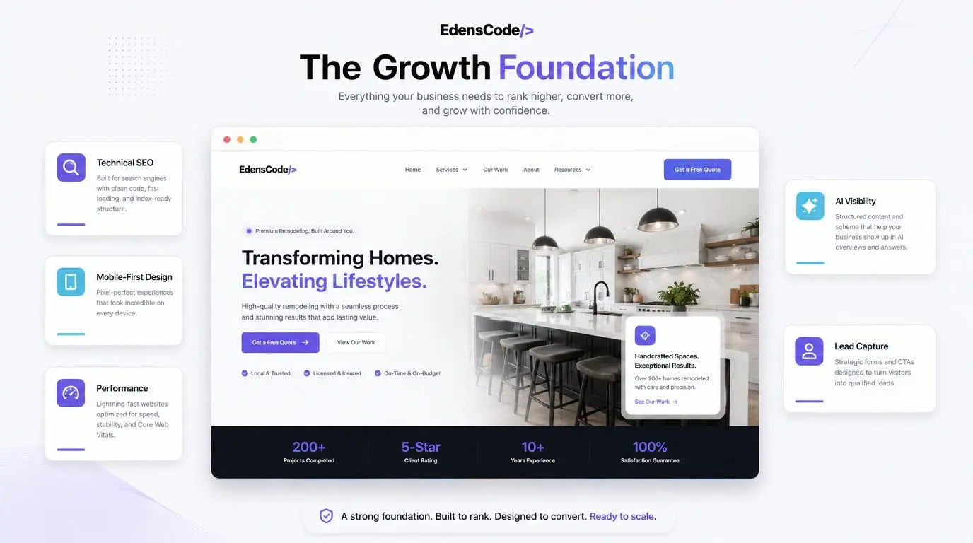 Growth website package mockup showing custom website, SEO structure, AI visibility, and lead generation features