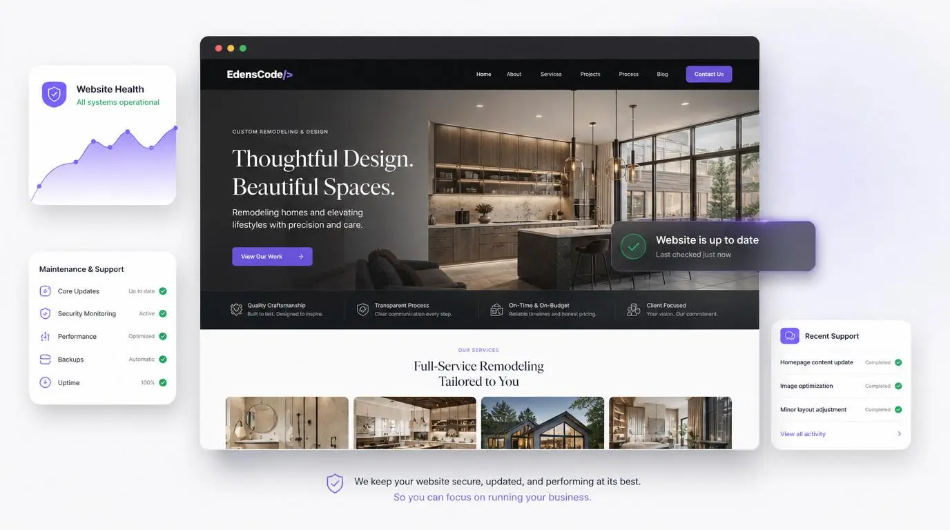 Premium website maintenance and support mockup showing updates, monitoring, stability, and ongoing technical care